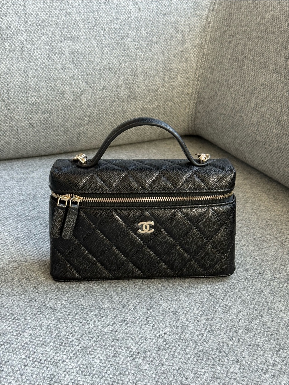 CHANEL Black Quilted Vanity Top Handle Bag with Silver Hardware